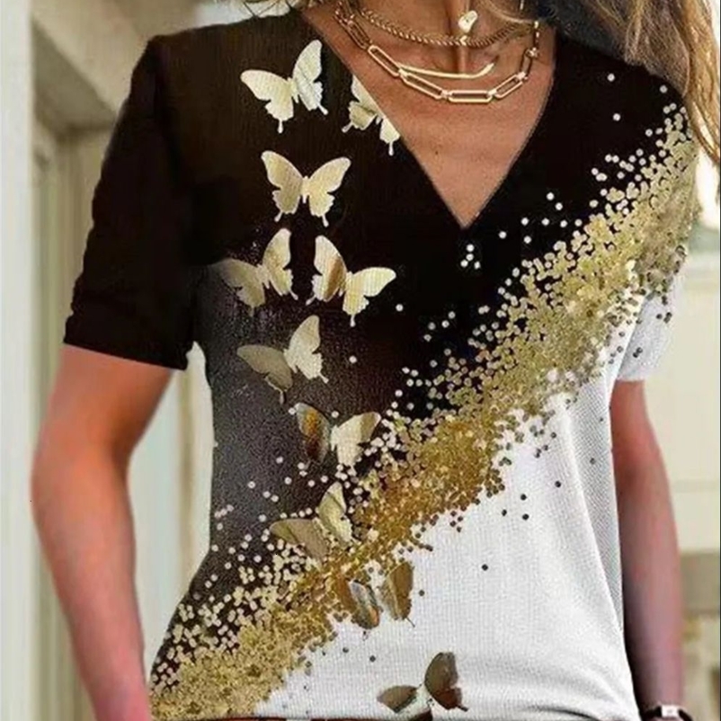 Women's T-Shirt Summer Women T Shirt 3d Flower Print V-neck Short Sleeve Blouse Fashion Plus Size T-shirts For Women Clothing Y2k Female Tee 23