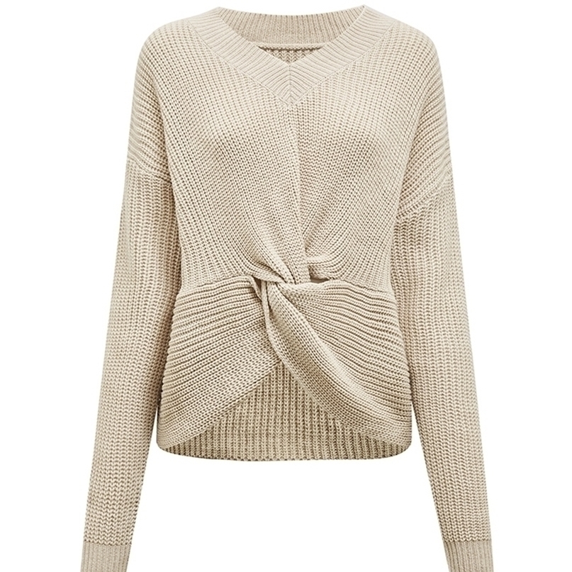 Womens Sweaters NOOSGOP V Neck Solid Khaki White Beige Autumn Winter Women Pullover Sweater Wrap Tie Knot Knitting Clothing Office Lady 220923