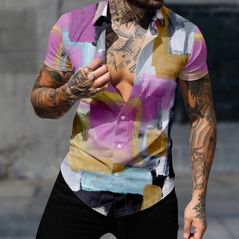 Mens Casual Shirts Hawaiian Shirt For Fashion Color block Stitching 3D Print Cozy Short Sleeve Beach Streetwear Harajuku Clothes 230504