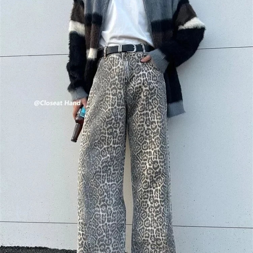 Womens American Vintage Leopard Print Washed Thin Jeans Street Casual Neutral Style DenimTrousers High Waist Straight Pants 240723