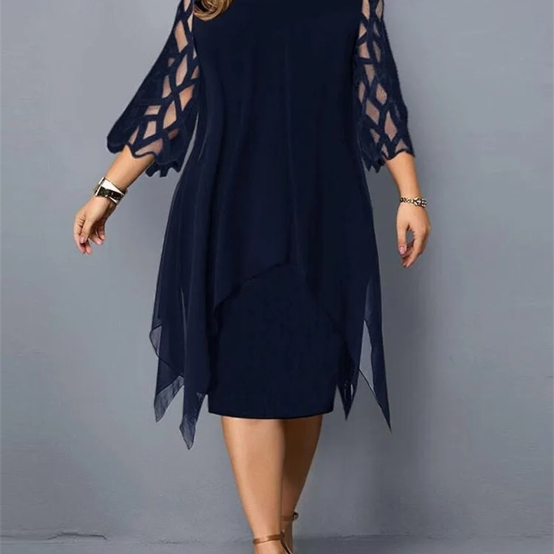 Elegant Midi Party Dress For Chubby Women Xxl O Neck Lace Sleeve Hollow Out Solid Sexy WomenS Clothing Evening Dresses 240407