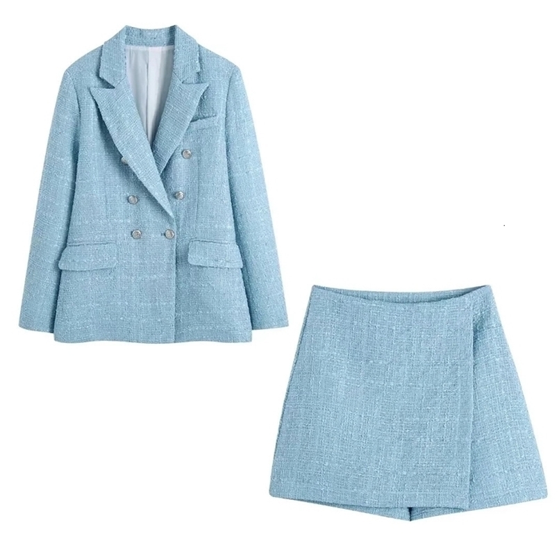 Elegant Women Blue Tweed Blazer Coat Spring Jacket Set High Waist Mini Skirt Shorts For Office Lady Outfits Outerwear 240109CJ