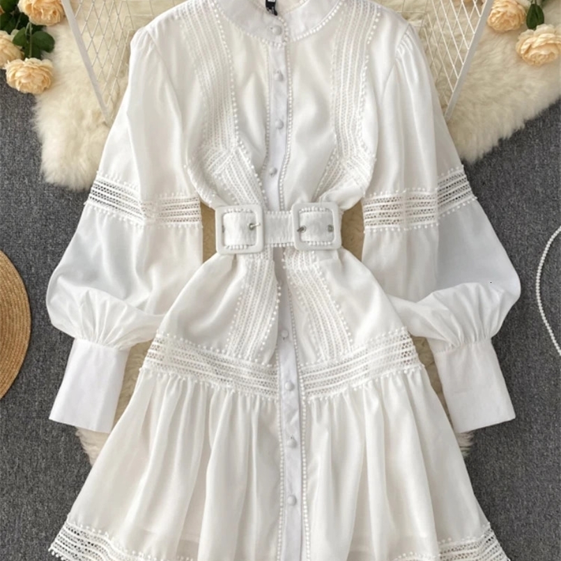 FTLZZ Summer Autumn Office Lady Stand Collar Single Breasted Mini Dress Elegant Women Lace Hollow Out Ruffled A-line Dress 240722