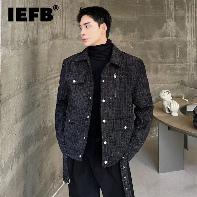 IEFB Mens Fashion Tweed Coat Korean Style Personality Plush Handsome Motorcycle Clothing Trend Classic Male Outerwear 9C2748 240724