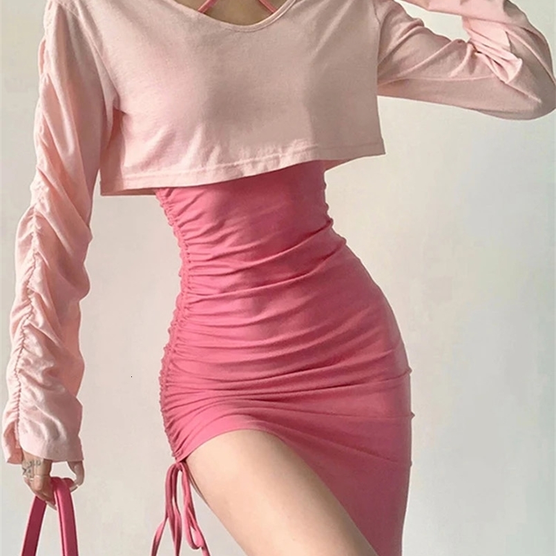 Sweet Cute Pink Dress Women Irregular Slim Sexy Drawstring Girl Lace-up Dress with Long Sleeve Short Top Womens Two Piece Sets 240829