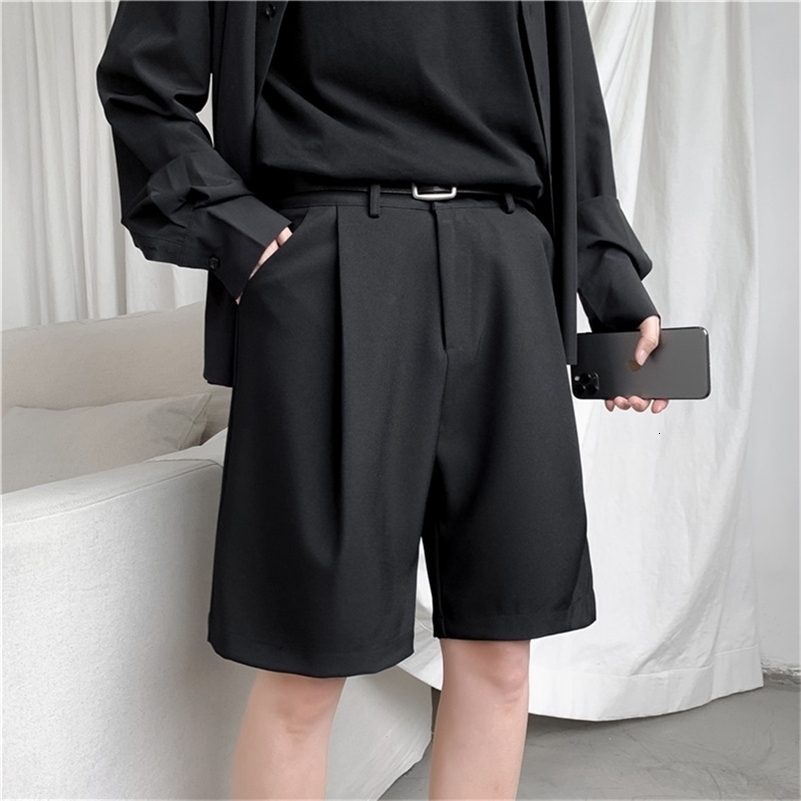 Korean Men's Shorts Straight Fit Knee-Length Suit Pant Solid Beige Black Summer Clothing Student Thin Loose Casual Mens Shorts 210323