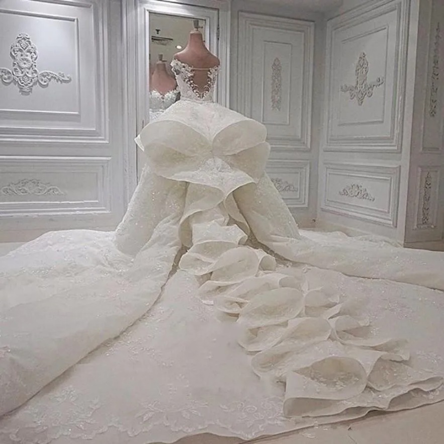 Lace Mermaid Bridal Dress: Off Shoulder Mermaid Wedding Gown with Detachable Tulle Skirt and Ruffled Royal Train 0924