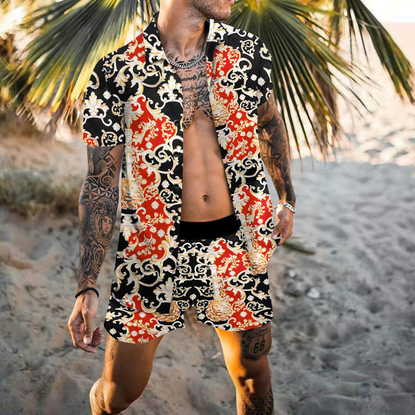Mens Tracksuits Vintage Floral Shirts and Shorts 2 Pieces Suit Vacation Outfits Sets Casual Button Down Beach Hawaiian Shirt Suits Men 230418