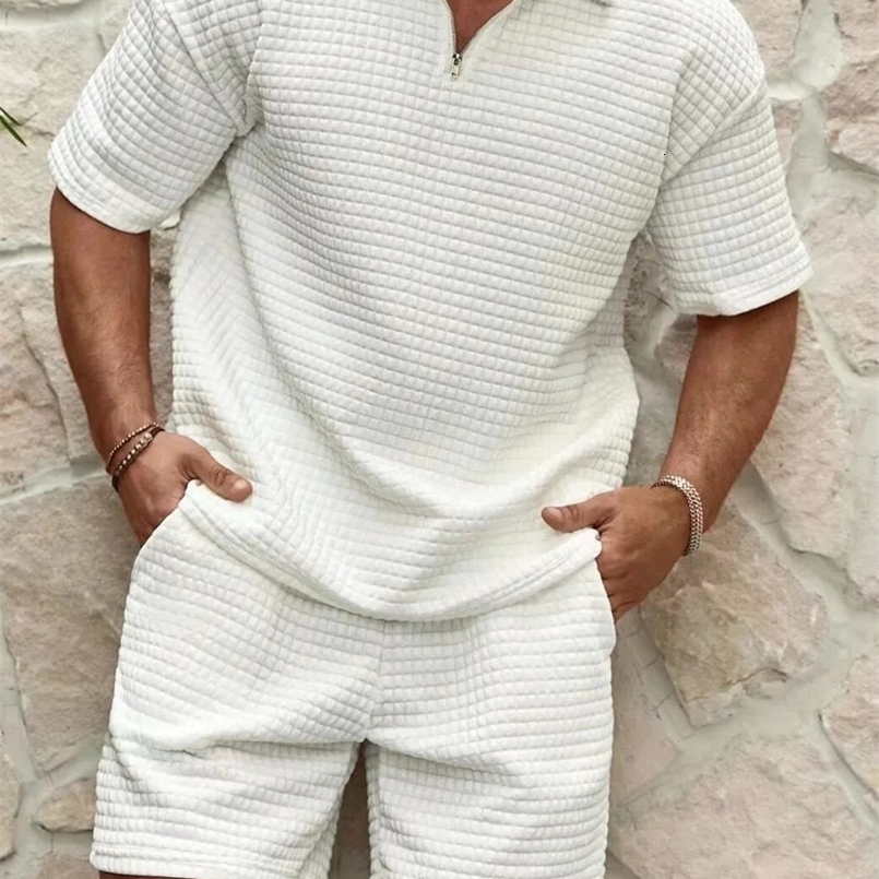 Summer Mens Waffle Casual Suit Fashion Solid Plaid Loose Sport Sets Half Zip Short-sleeved Polo Shirt Shorts Men Tracksuit 240822