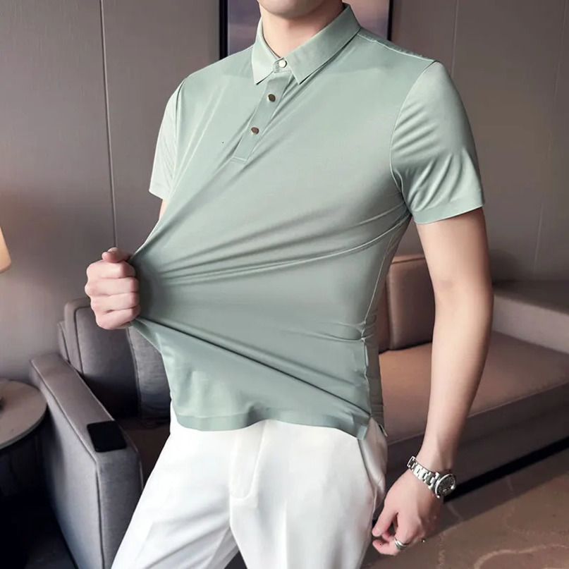 Ice Silk Traceless Tshirt Mens Business Casual Solid Color Half Sleeve High Elasticity Top Smooth Breathable POLO Shirt 240529