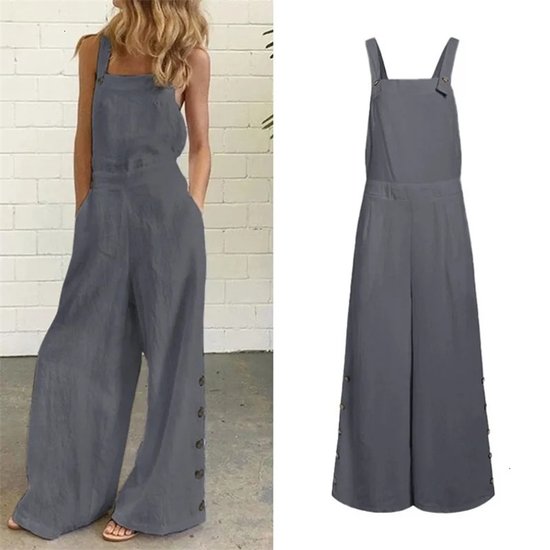 Womens spring and summer loose linen jumpsuit sleeveless bib cover Siamese button wide leg pants plus 5XL 241125