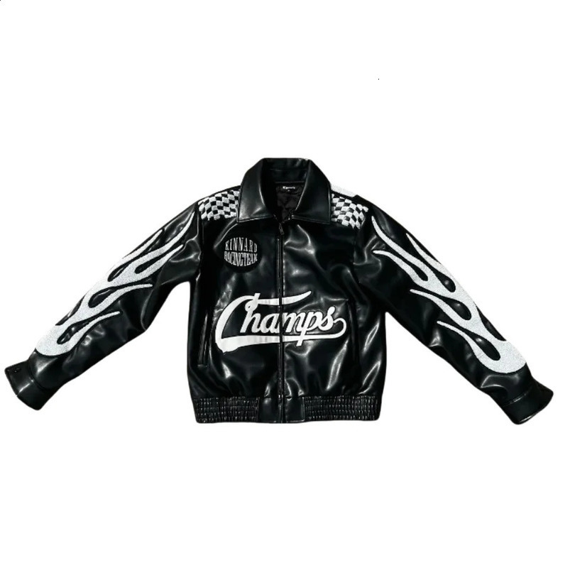American Hip Hop PU Leather Flame Racing Element Embroidery Zipper Jacket Men Clothes Y2k Autumn Winter Fashion Couple Coat 250122