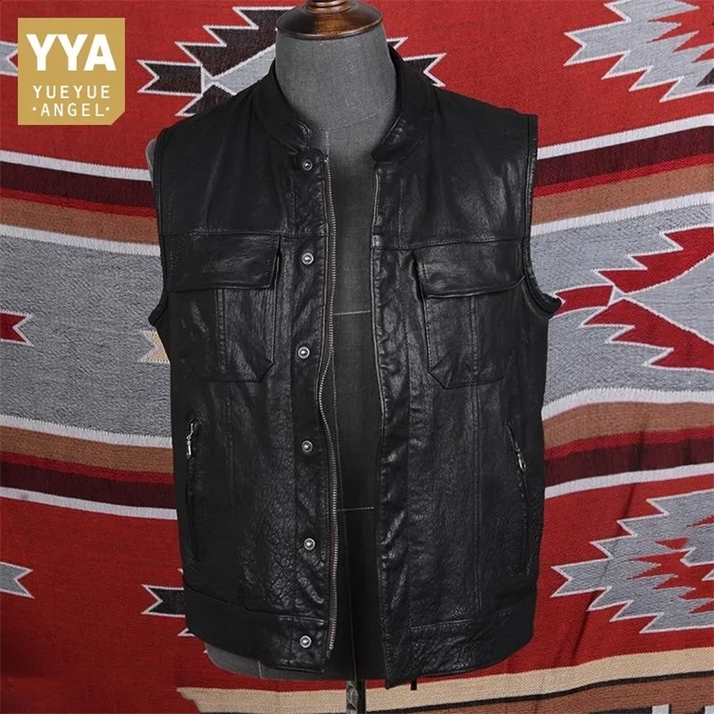 Vintage Mens Biker Sleeveless Vest Jacket Top Stand Collar Pockets Genuine Leather Waistcoat Harajuku Casual Streetwear Vests 240726