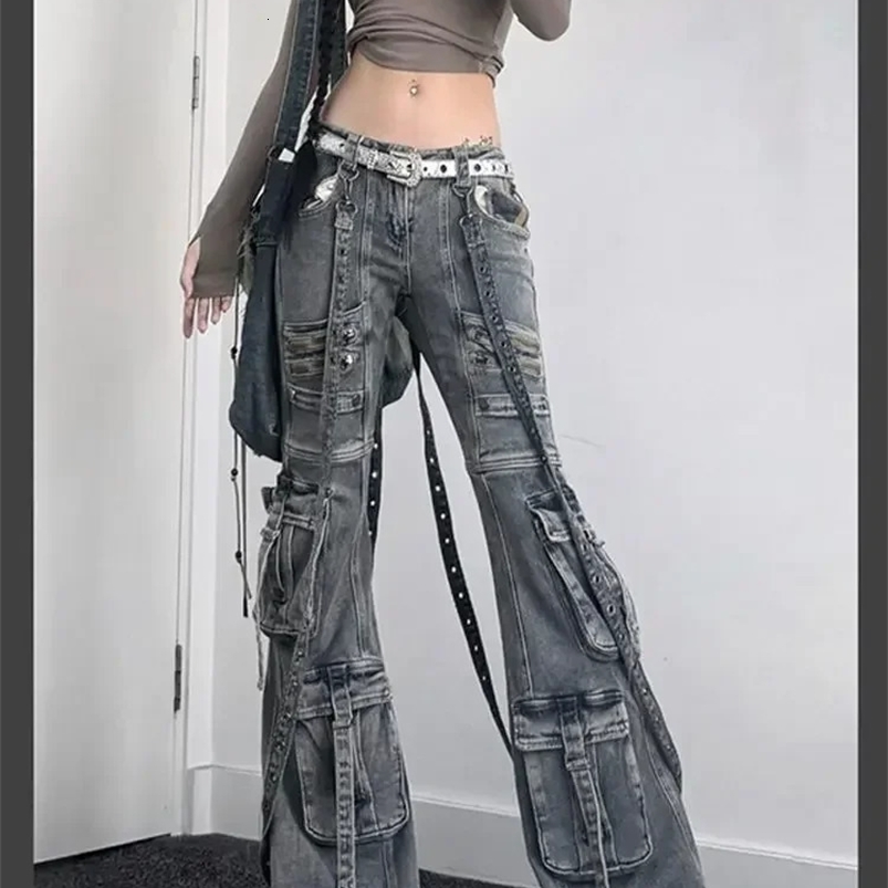 Womens Y2K ultra-thin decal denim Trouser washed retro classic Emo casual pants Grunge Street retro high waisted pocket jeans 250224