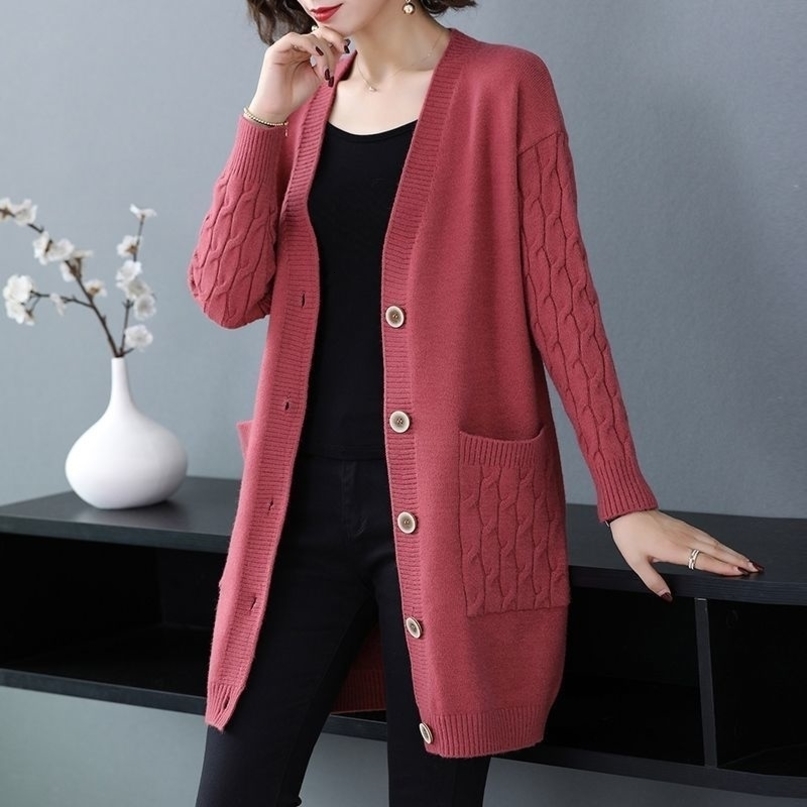 Cardigan Sweater Women's Medium And Long Style Loose Large Size Autumn Wear Knitted Coat 201031