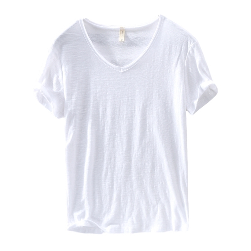 T Shirts Men Short Sleeve 100%Pure Cotton V-neck Top Casual Solid White Tee Male Basic Tshirts Clothing 210319