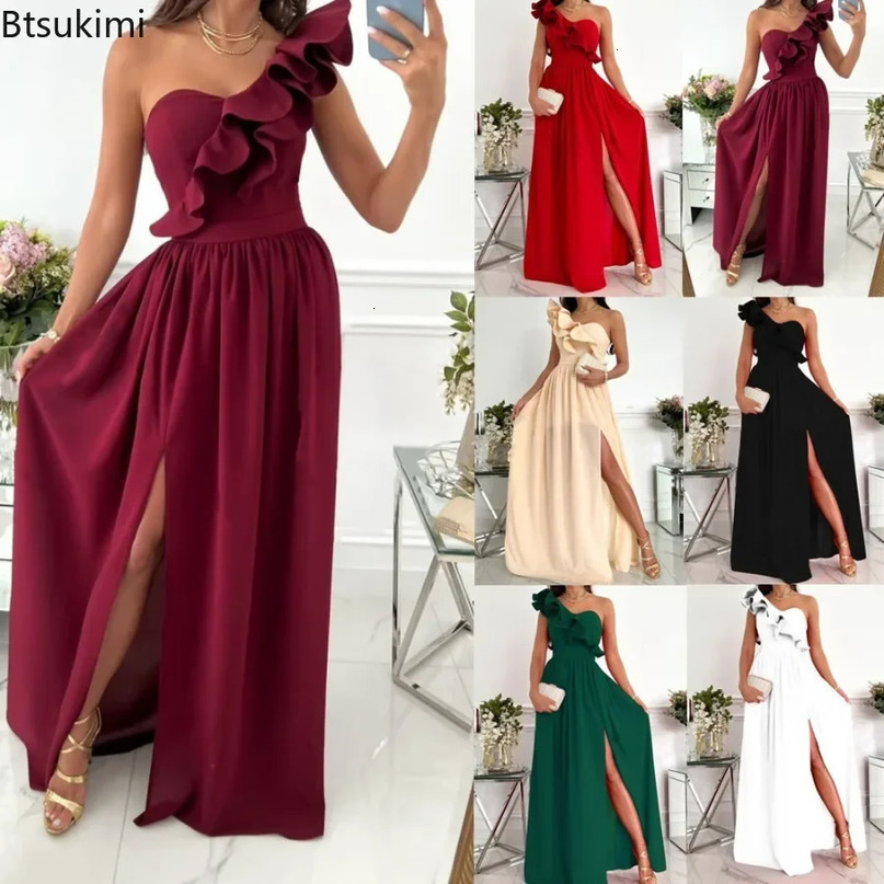 Womens Summer Sleeveless Ruffle Hem Split Club Party Dress Solid Elegant Evening Long Female Chiffon Midi 240615