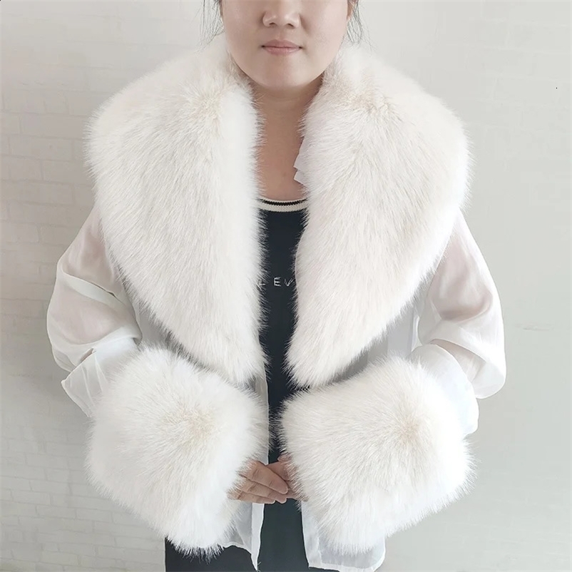Winter artificial fox fur scarf womens jacket warm fluffy big shawl fashionable artificial fur collar and cuff set fluffy scarf women241121bj