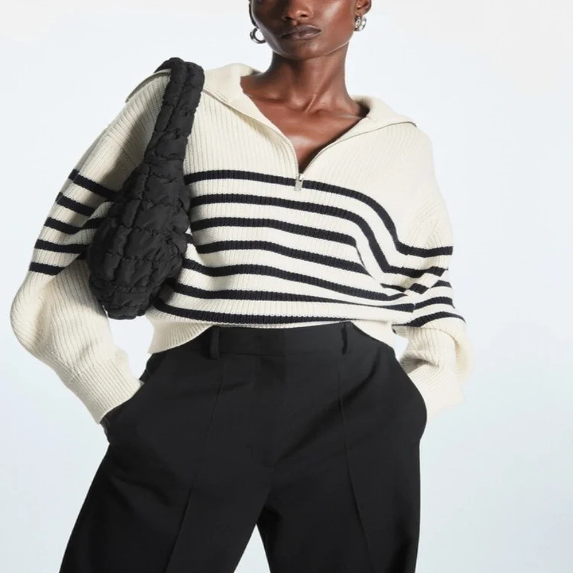 Womens Turtleneck Loose Lapel Striped Knitwear Women Pulovers Simplicity Half Zipper Casual Fashion Sweaters 240617