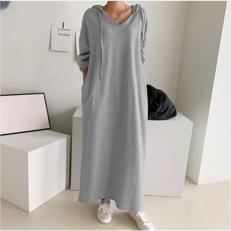 Autumn Womens Dress Fashion Simple Retro Hooded Dress Sweatshirt Winter Long Sleeve Pocket Solid Hooded Robe 241021