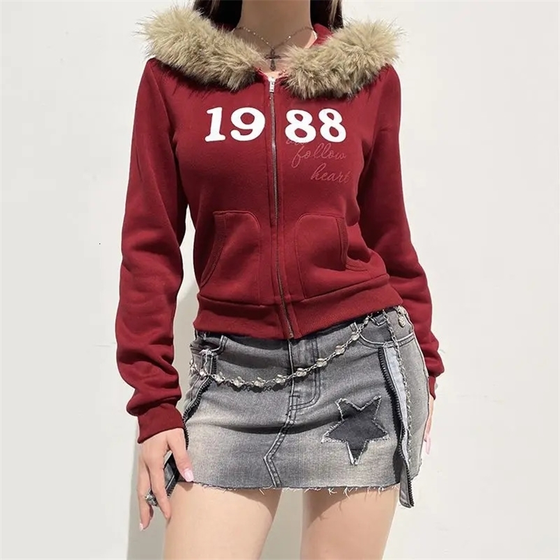 American Retro Splicing Contrast Color Fur Collar Digital Print Women Hooded Jacket Slim Fit Fashion Streetwear Top hoodie 250116