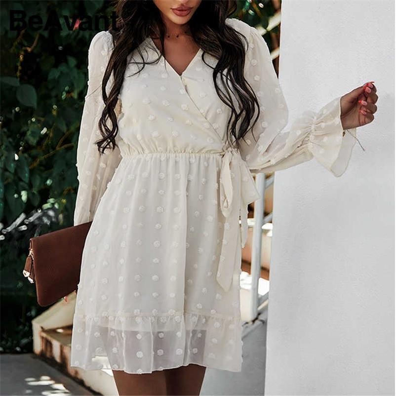 BeAvant Holiday solid dot embroidery mini dress women Puff sleeve high waist beach dress spring causal a-line dressesvestido 210709