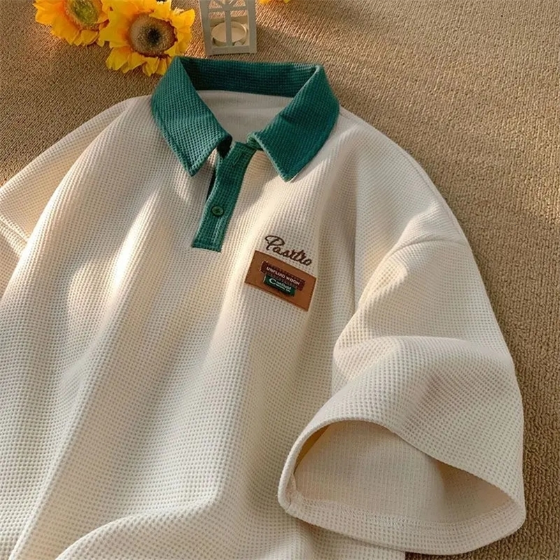 Hip Hop American Street Men and Women Trendy Personality Polo Shirt Short sleeved Summer Waffle Vintage Casual Top harajuku y2k 240529