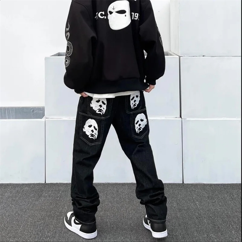 Printed Spoof mens jeans portrait high street low waist jeans fun unisex mens pants loose Trouser hip-hop Korean street clothing 241203