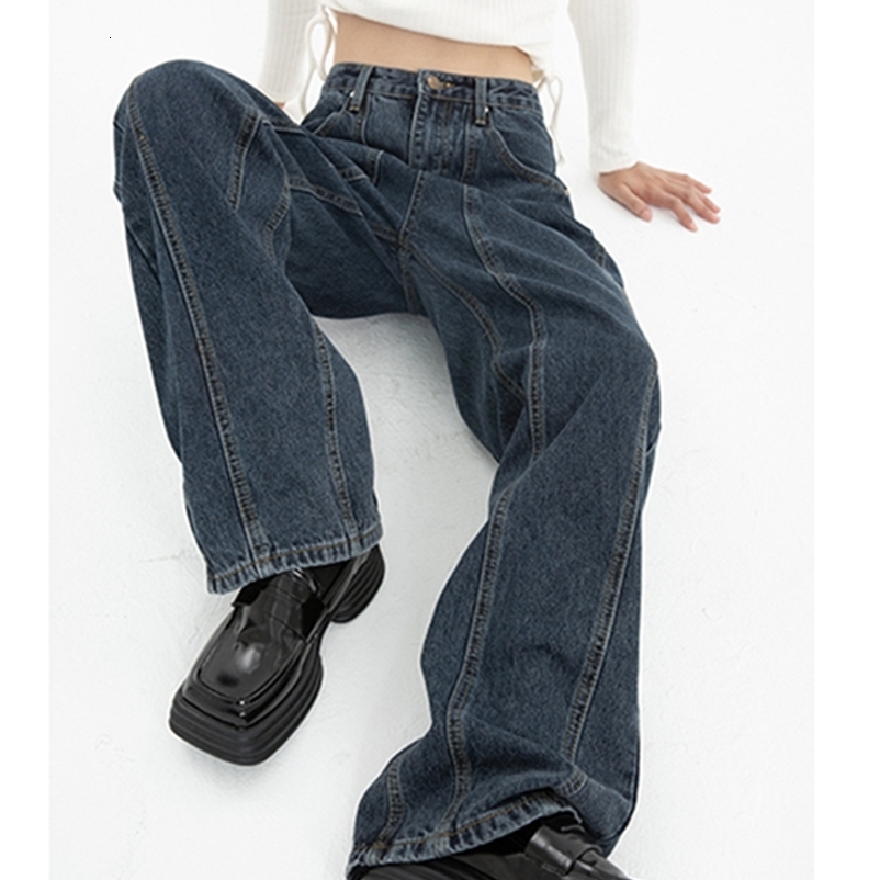 Women's Jeans Dark Blue Womens Jeans High Waist Vintage Straight Baggy Denim Pants Streetwear American Style Fashion Wide Leg Denim Trouser 230