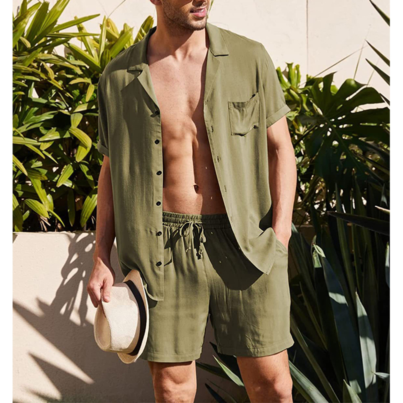 Mens Tracksuits Summer Cotton Linen Short Sleeve Set Outdoor 2Piece Suit Andhome Clothes Casual Clothing Beach Sets 230724