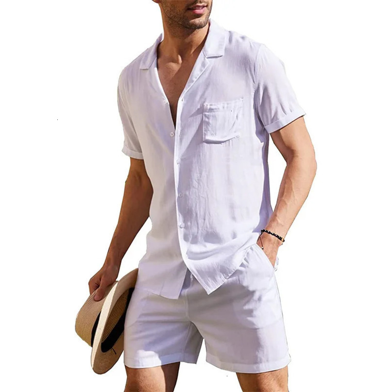 mens thin linen suit summer Chinese loose large cotton and 2 pieces short sleeve trousers set 240409