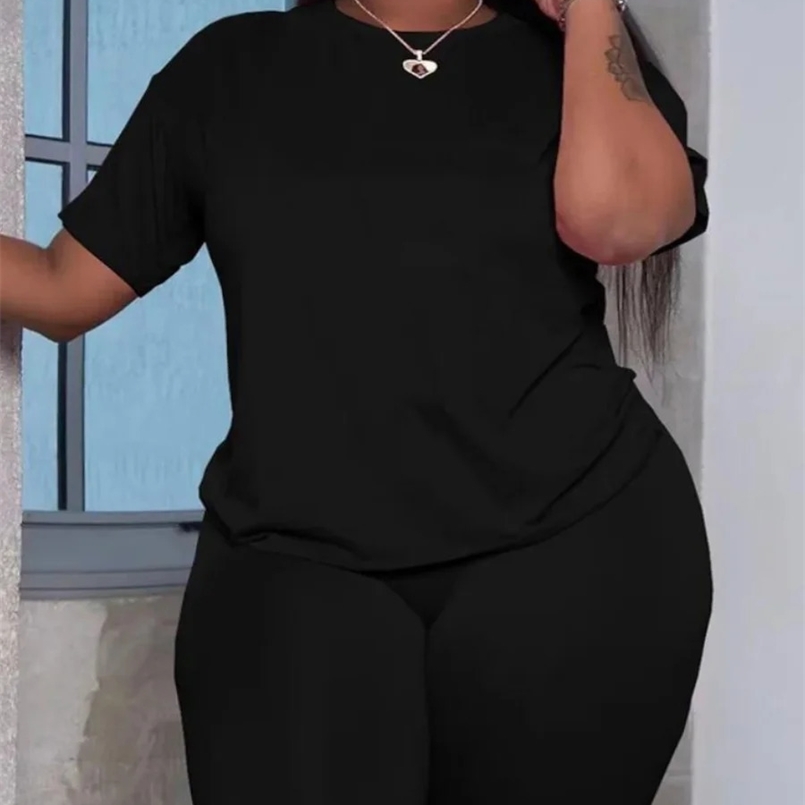 LW Basic Plus Size Summer Womens Suit Short Sleeve Top and Pants Casual Solid Color Sportswear Slim Two-piece Outfit 240823