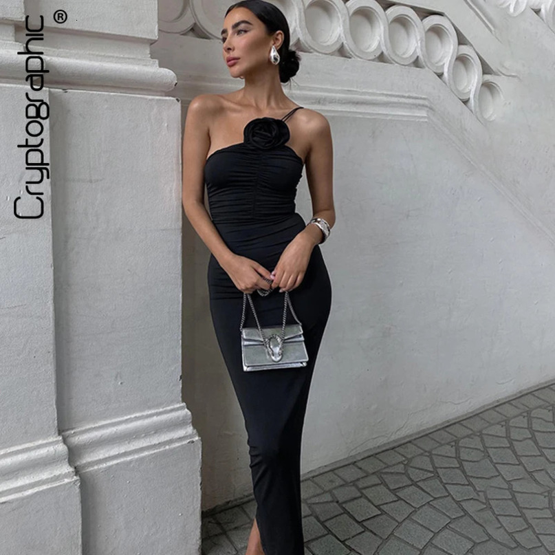 Cryptographic Elegant Floral Applique Ruched Dress Summer Outfits for Women Irregular Sleeveless Party Club Maxi Dresses 240615