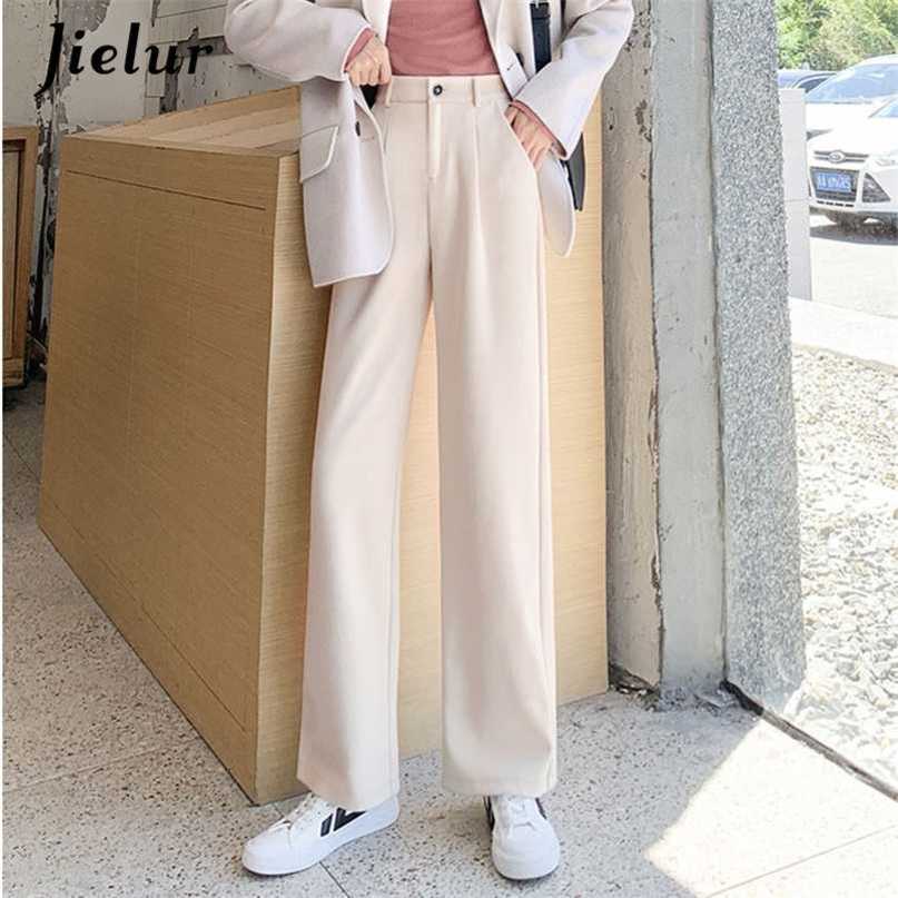 Pantaloni a gamba larga in stile coreano jielur pantaloni dritti sciolti da donna femmina cintura di lana nera ad alta vita m-xxl 211008