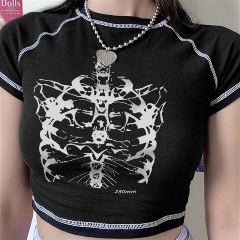 Aesthetic skeleton womens Tshirt Harajuku Y2K black sweet girl slim skull print fun vintage graphic clothes crop top Egirl 220530