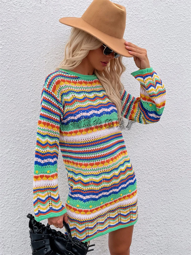 Rainbow Stripes Knitted Dresses Women Fashion Temperament Hollow Out Long Sleeve Pullover Sweater Dress Female Autumn Winter 250804