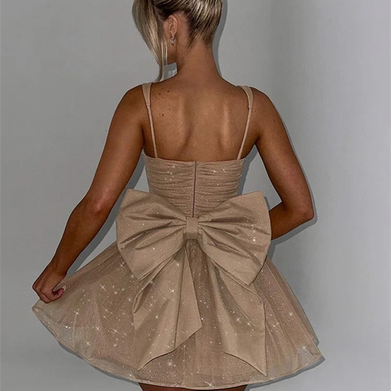 Articat Sexy Mesh Spaghetti Strap Double-layer Short For Women Elegant Sleeveless Backless Tight Shiny Bow Evening Dress 2025 250327