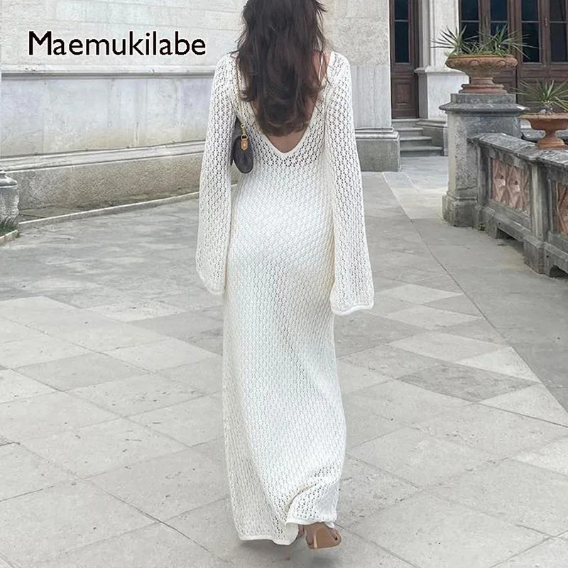 Maemukilabe Elegant Lady Crochet Low Cut V Neck Backless Dress Women Knitted Hollow Out Long Dress Beach Club Party Vestidos 250804