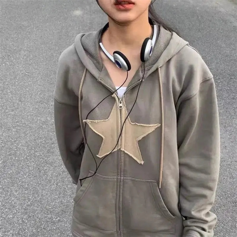 Vintage Star Patch Hoodies Women Harajuku Punk Gothic Loose Hooded Sweatshirt Male Hip Hop Long Sleeve Zipper Jacket Y2K Clothes 240723