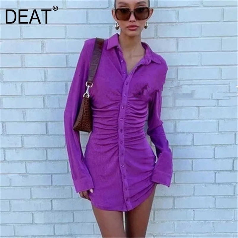DEAT Spring Arrivals Solid Color Lapel Collar Long Sleeve High Waist Single Breasted A-line Sexy Style Dress MZ457 210709