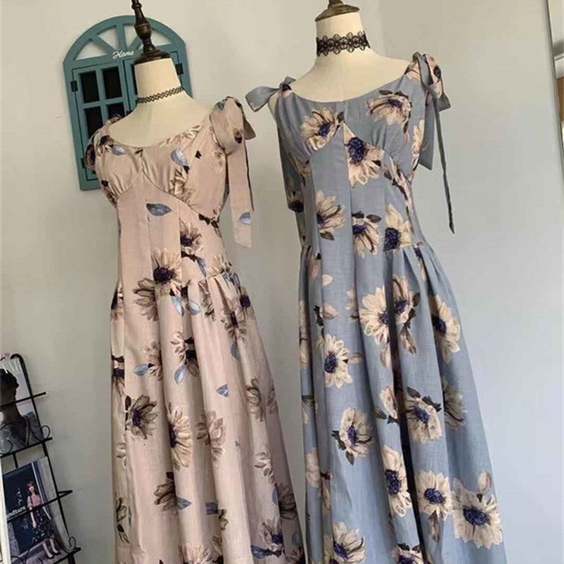 Casual Dresses Kuzuwata Summer Japanese Vestidos Print O Neck Sleeveless Bowknot Shoulder Strap Ribbon Dresses Sweet Women's Robe 0830