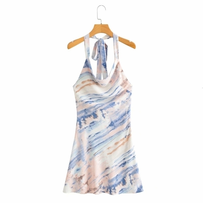 PUWD Sweet Women O Neck High Waist Dress Summer Fashion Ladies Beach Style Cute Female A-line Halterneck Print Mini 210522