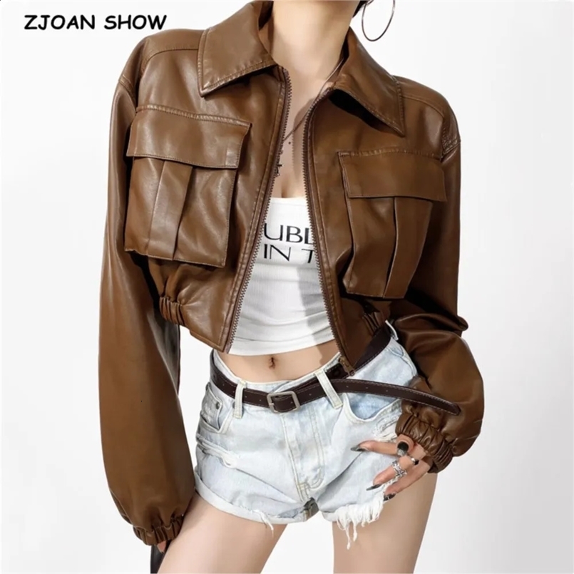 Y2K COOL womens plain weave PU leather jacket with front pocket elastic hem long sleeved cut jacket loose short jacket black brown 240824