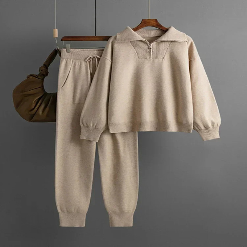 Winter womens knitted suit warm pants 2-piece set womens clothing mens loose casual sweater jogging knitted track suit 241015