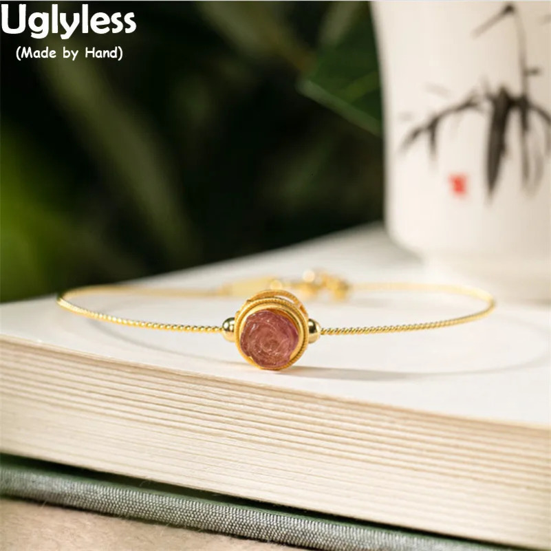 Uglyless Natural Jade Strawberry Quartz Rose Flowers Bracelets for Women Ultra-thin Summer Dress Bangles Gold 925 Silver Jewelry 240702