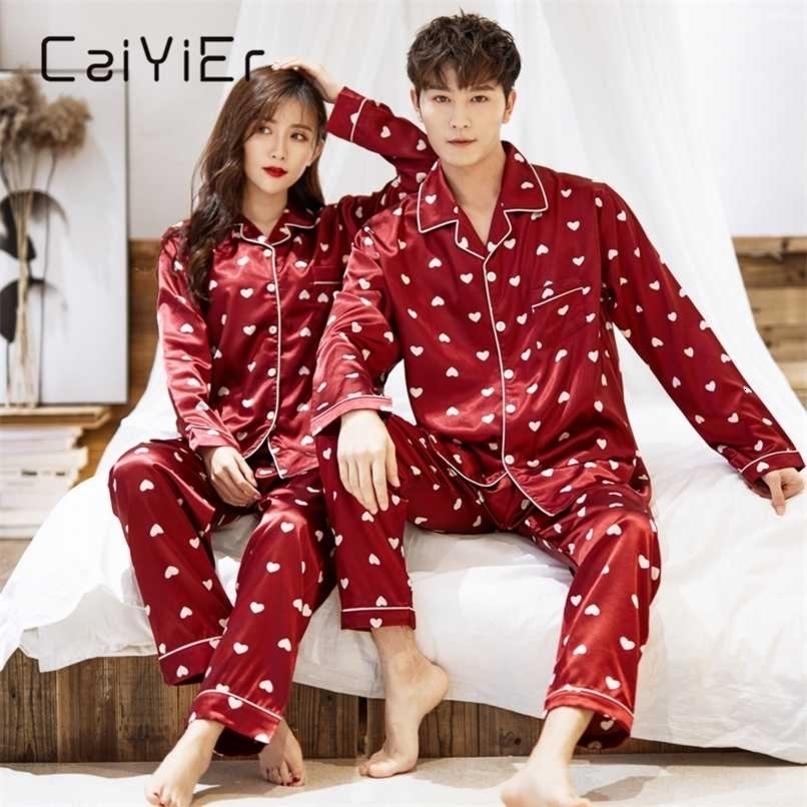 CAIYIER Winter Couple Pajamas Set Silk Loves Print Long Sleeve Sleepwear Men & Women Casual Big Size Lovers Nightwear M-5XL 211105