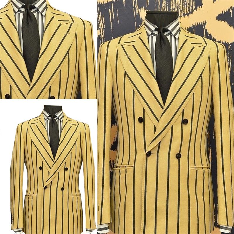 Newest Yellow Stripe Casual Men Coat Double Breasted Formal Men Suits Tuxedos Custom Made Fit Slim Peaked Lapel Blazer Suits 0924