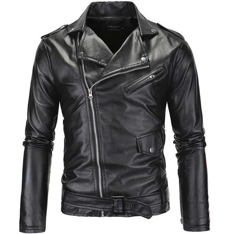 Spring Fashion Motorcycle Leather Jacket Men Slim Fit Oblique Zipper PU Jacket Autumn Men Leather Jackets Coats Black White 211222