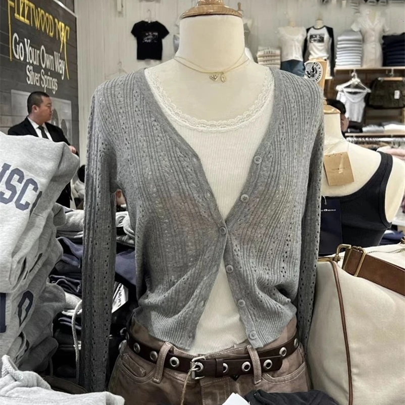 Hollow Out Knit Long Sleeve T-shirt Cardigan Summer Casual V-neck Single Breasted Casual Smock Solid Simple Sweet Tee Tops Y2k 240703