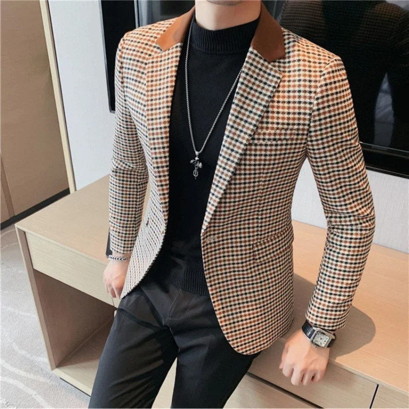 High Quality Suit Mens British Style Slim Elegant Fashion Business Casual Dress Tuxedo Spliced Collar Plover Case Blazer Jacket 240412